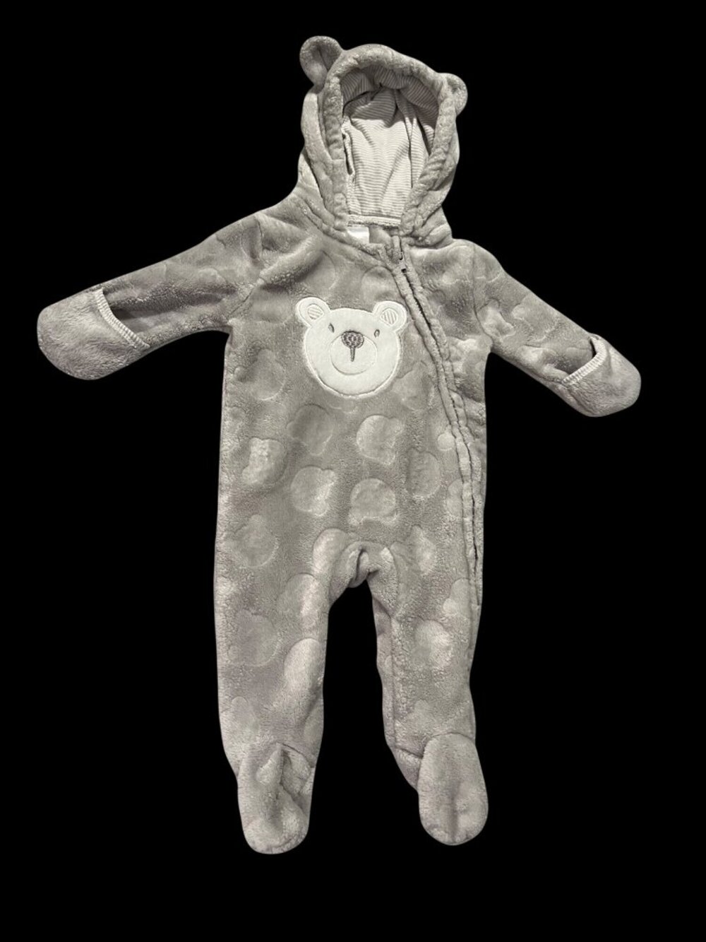 Baby Mack Bear Grey Fleece Hooded Footed Bunting Snowsuit Zipper 0-3 Months